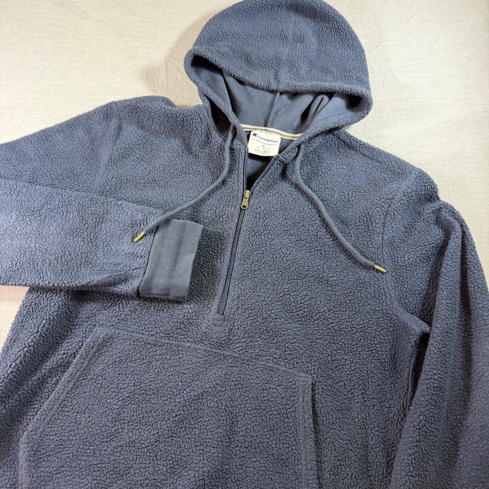 Champion Sherpa Hoodie Mens M‎ Blue Excellent 1/4 Zip Fleece Pullover Pocket